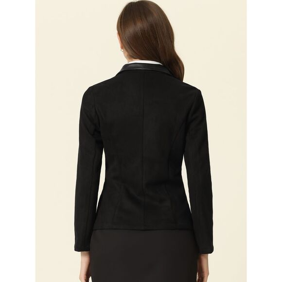 Faux Suede Blazer Lapel Collar Button Front Long Sleeve Jacket Black - Picture 3 of 7